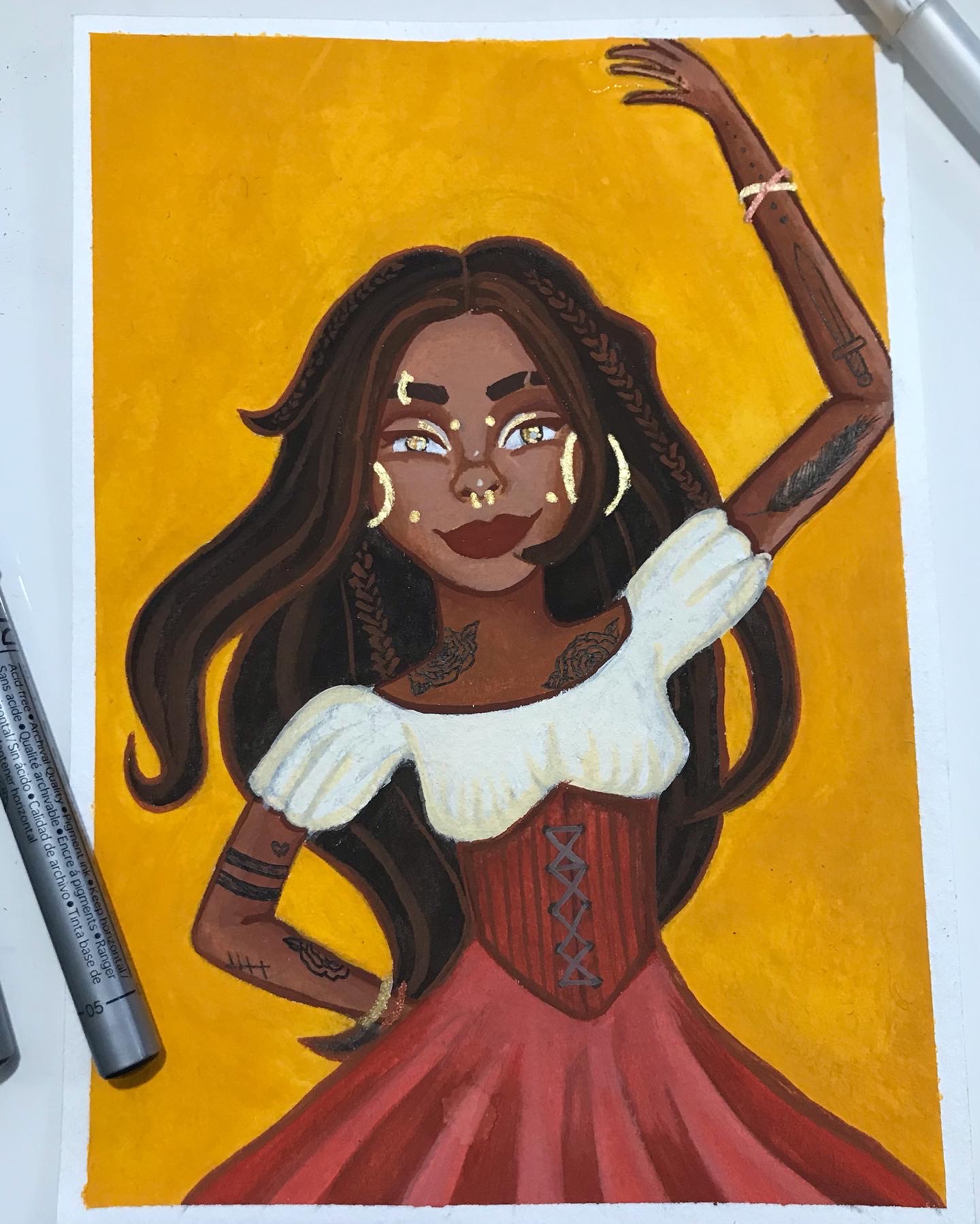 Title: dancer.            Mediums: acrylic , jelly guache , jelly roll pen ,gold ink and fine liners