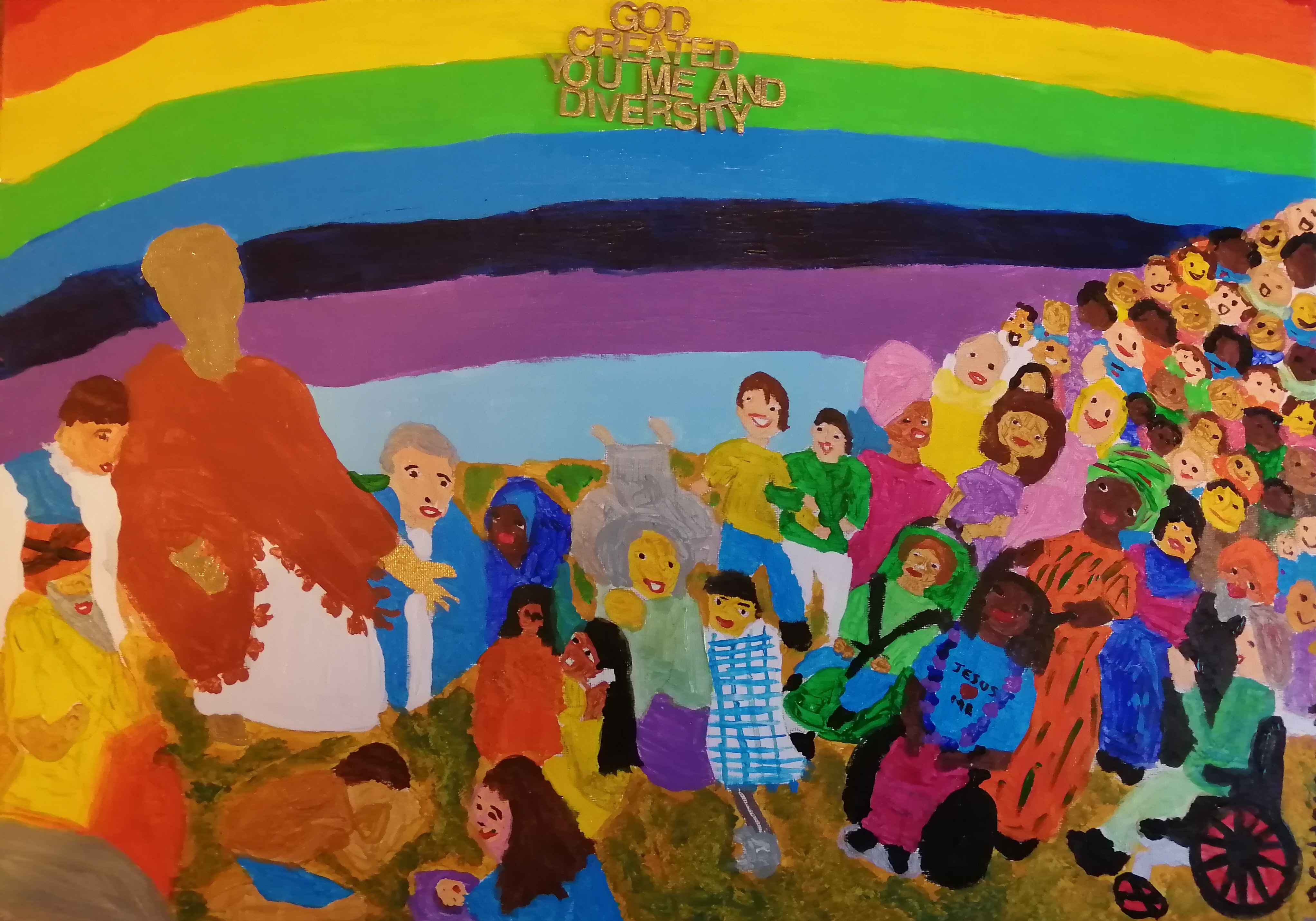 "God Created You Me and Diversity"(2021) mixed media on canvas 18 inches x 13 inches * created for the Bridgeman studio awards next year on theme of Diversity